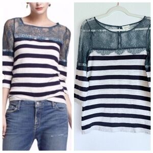 Anthropologie Deletta Lace & Lines 3/4 Sleeve Pullover in Teal, Navy & White M